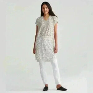 Eileen Fisher Womens Small Vneck Hi Low Striped Organic Linen Tunic
